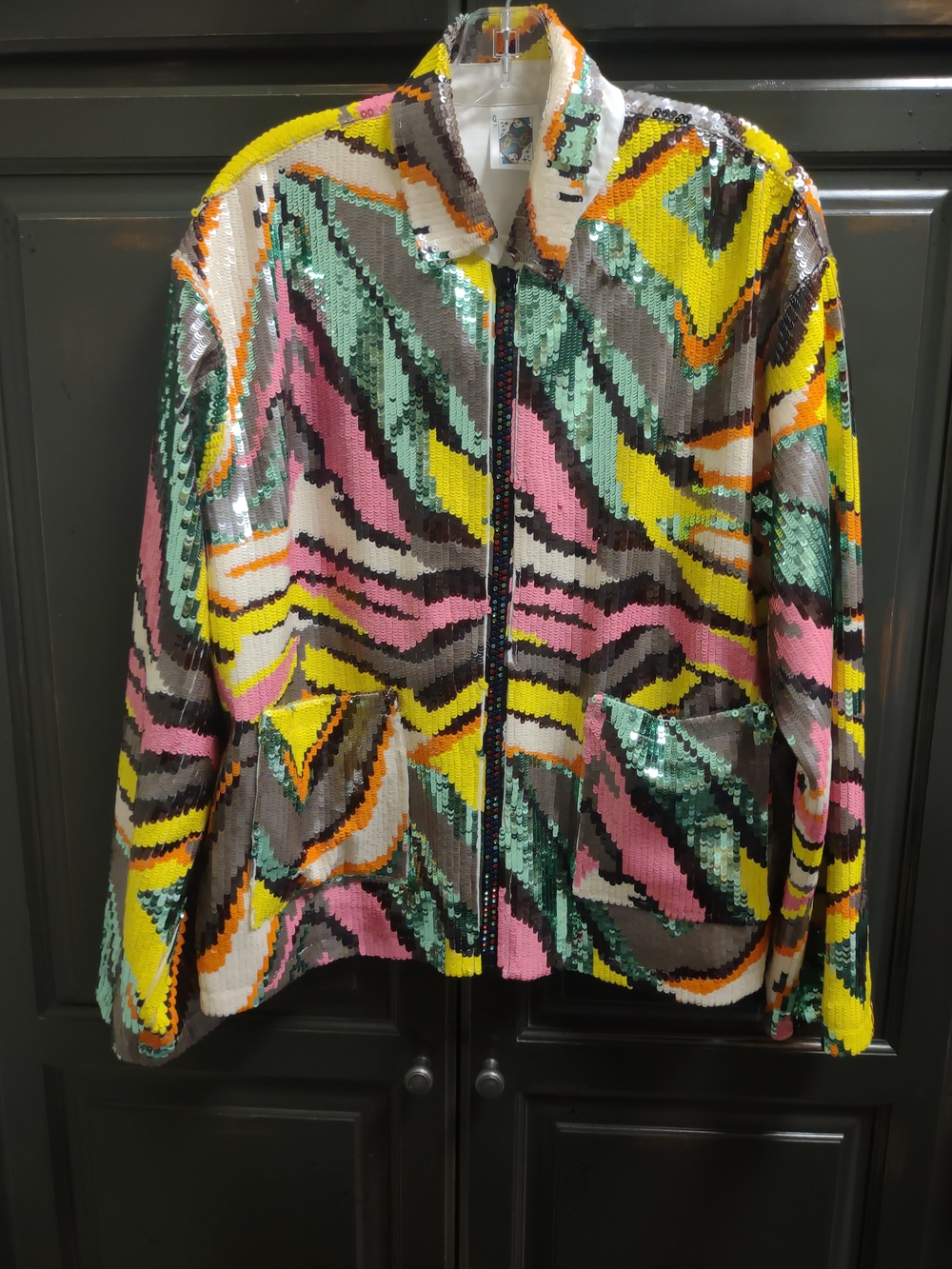 QUEEN OF SPARKLES Sequin Bomber Jacket in Pink, Yellow, Green & Black